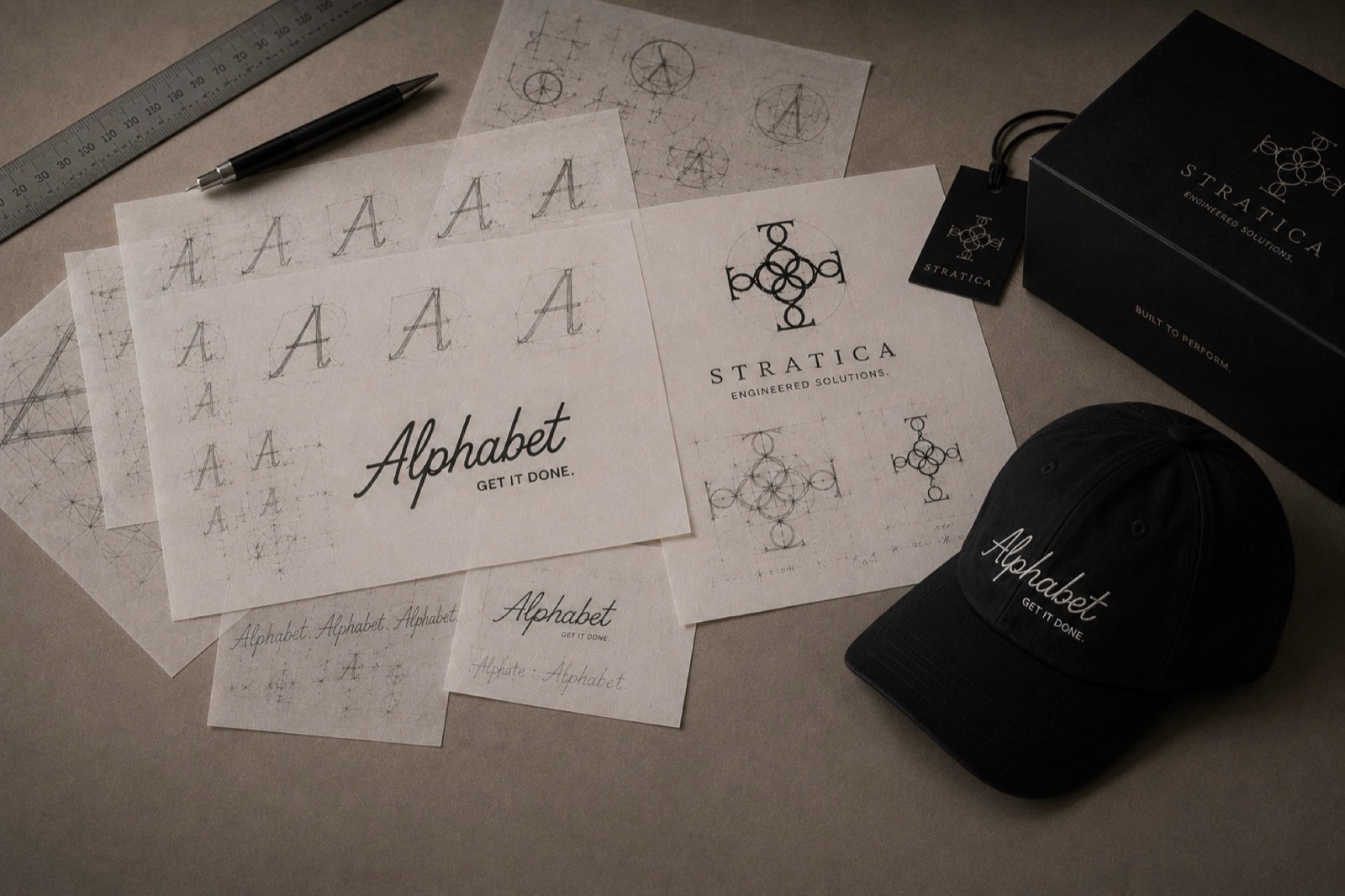 Brand creation sketches and identity applications