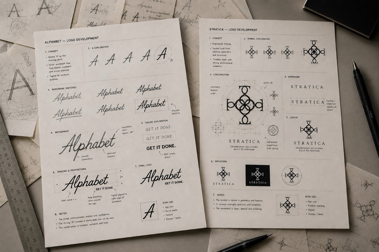 Logo development studies for Alphabet and Stratica